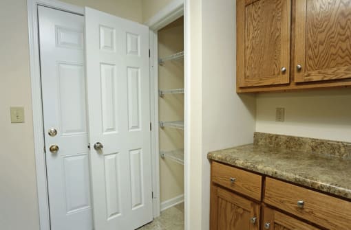 Kitchen pantry next to cabinets