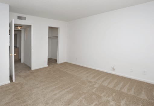 Bedroom area with carpeting and closets