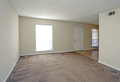 Living room with plush carpeting and window