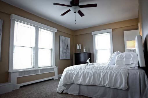 Primary bedroom with plush bed, carpeting, large windows, and a ceiling fan.