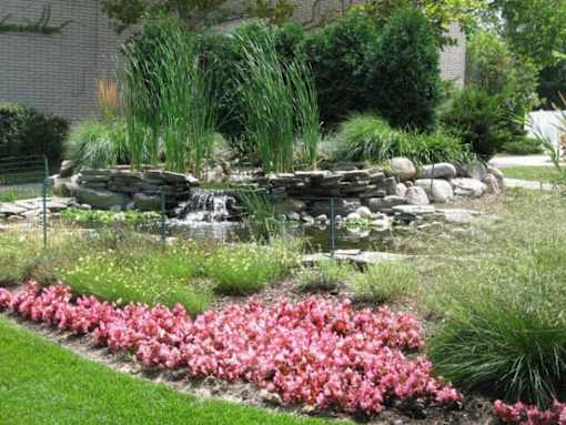 A garden with a waterfall and pink flowers.