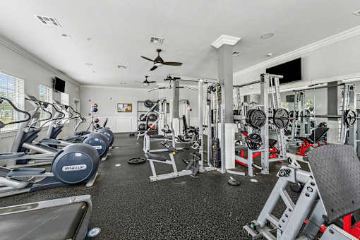 A spacious gym with a variety of equipment including treadmills, weights, and a television.