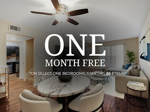 A room with a dining table and chairs and a ceiling fan with a text overlay that says "ONE MONTH FREE *ON SELECT ONE BEDROOMS, STARTING AT $799".