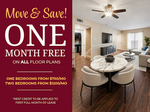 A promotional image for a move and save offer with a one month free on all floor plans.
