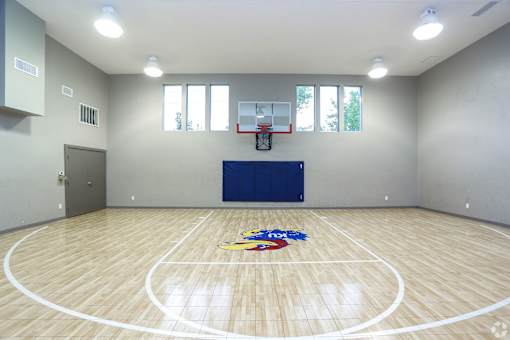 A basketball court with a blue hoop and a basketball net.