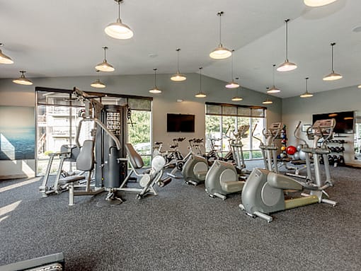 A gym with a row of exercise bikes.