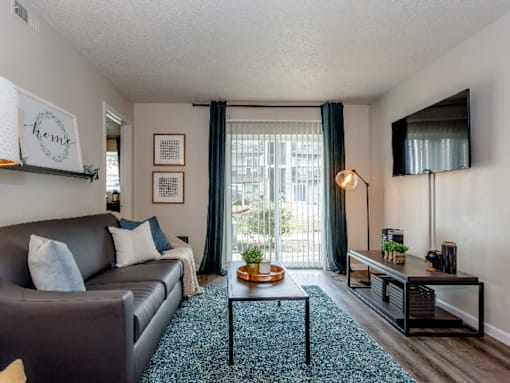 A living room with a grey couch, a coffee table, and a flat screen TV mounted on the wall.