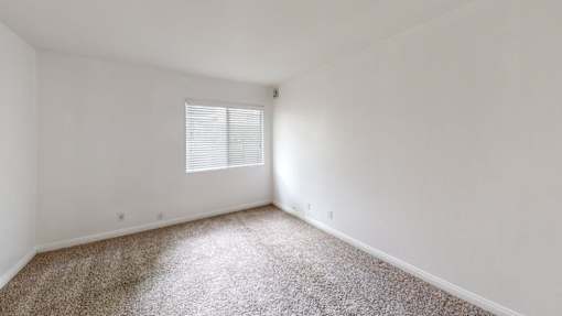 A room with a carpeted floor and a window with blinds.