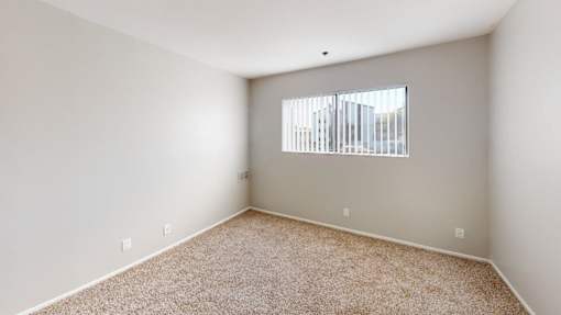 A room with a carpeted floor and a window with blinds.
