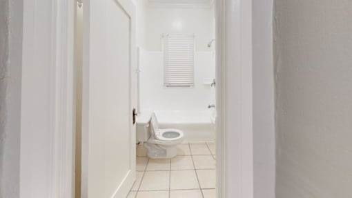 A white bathroom with a toilet and a shower.