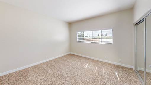 A room with a carpeted floor and a window with blinds.