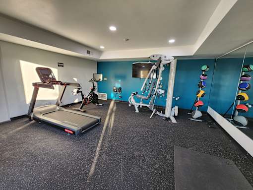 a gym with exercise equipment and a tv on the wall