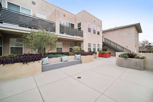 A courtyard with a tree and planters in front of a building.