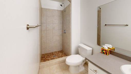 A white toilet sits next to a walk-in shower in a bathroom.