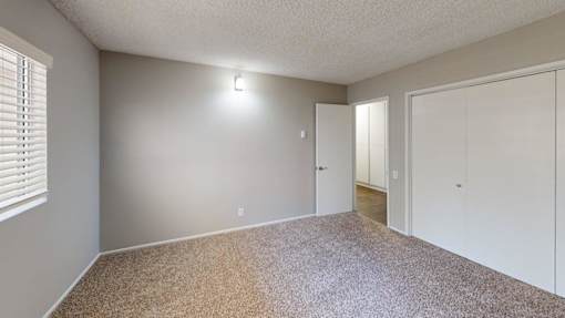 A room with a carpeted floor and two doors.