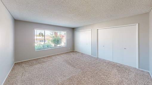 A room with carpeted floor and a window showing an outdoor view.