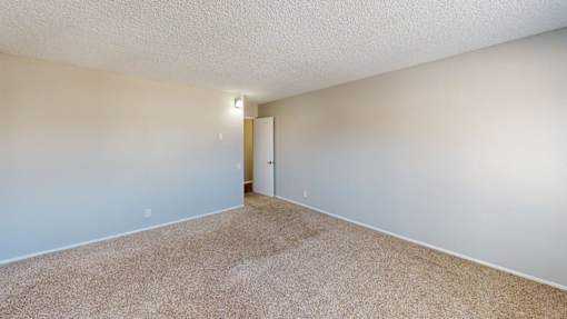 A room with a carpeted floor and a door.
