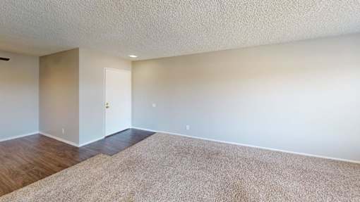A room with a carpeted floor and a door.
