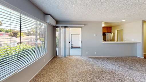 A room with a carpeted floor and a sliding glass door.