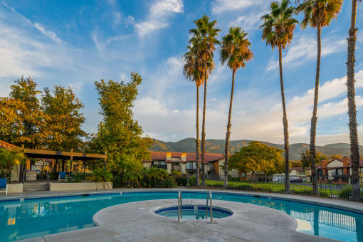 a swimming pool with palm trees in the background
