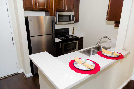Eating area on bar in front of kitchen