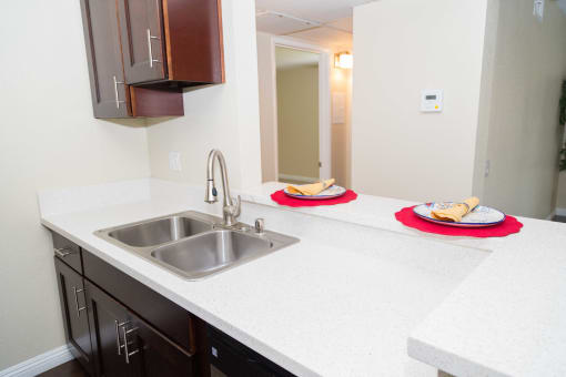 kitchen sink with bar area for eating
