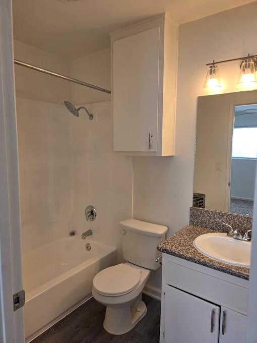 A white toilet sits next to a sink in a bathroom.