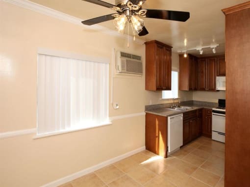 common living area with ceiling fan and kitchen