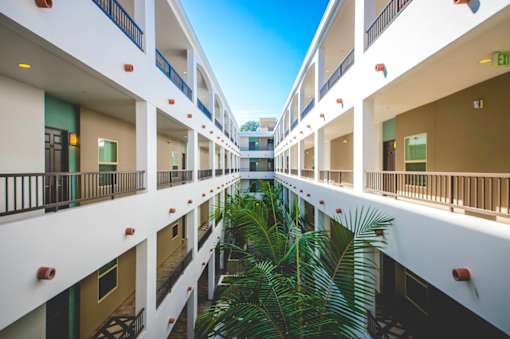 Long Corridor With Balconies at Oasis at Lake Encino Apartments, California, 91316