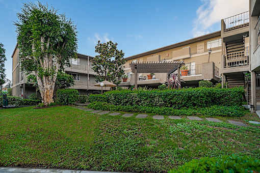 A tree in a grassy area in front of a building.