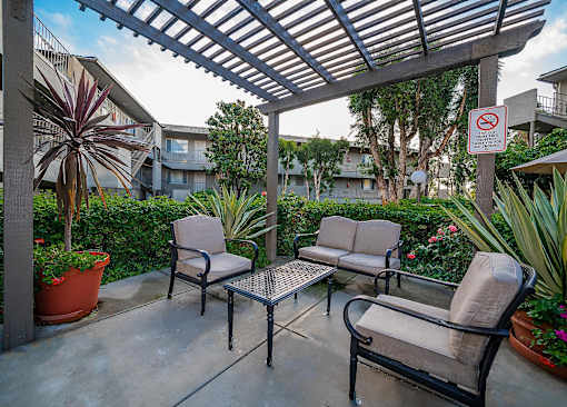A patio with a table and chairs and a no smoking sign.