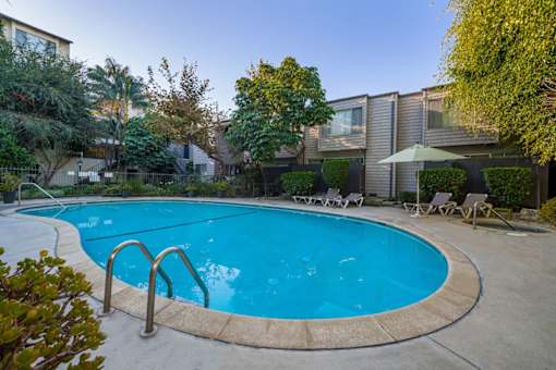 A swimming pool surrounded by trees and chairs.