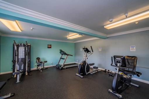 A gym with a variety of exercise equipment including treadmills, stationary bikes, and weight machines.