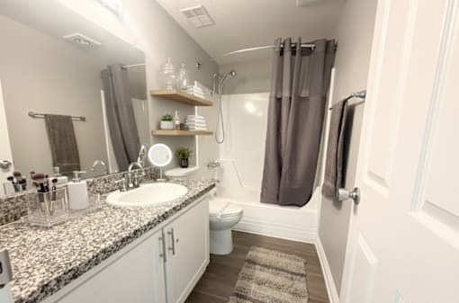 A bathroom with a sink, mirror, and toilet.
