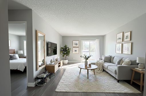 A well-lit, spacious living room with a grey couch, a coffee table, and a large mirror.