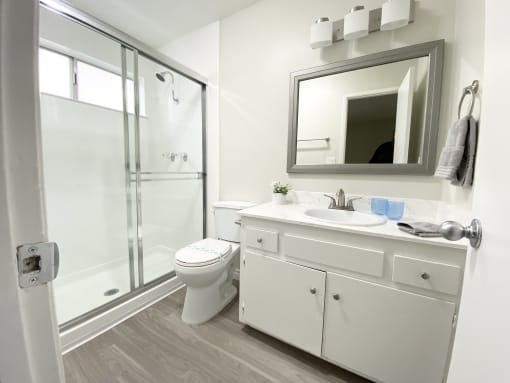 a bathroom with a sink toilet and shower