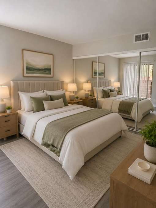 A bedroom with a large bed and a painting on the wall.