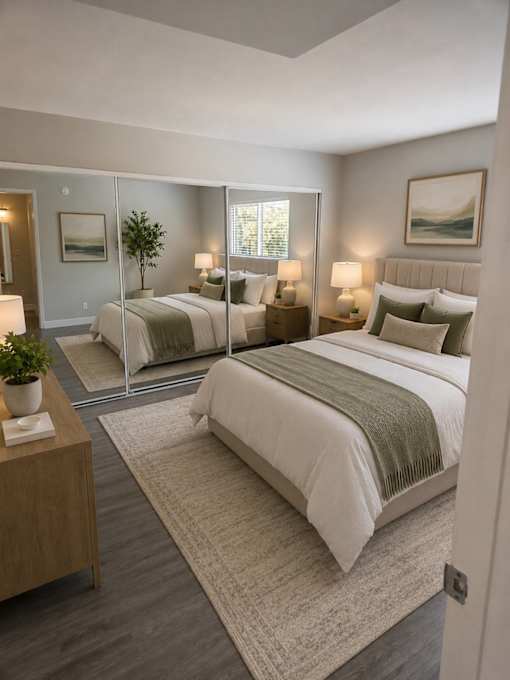 A bedroom with two beds and a nightstand.