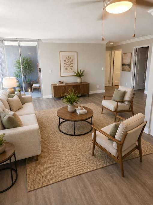 A living room with a white couch, a wooden coffee table, and a rug.