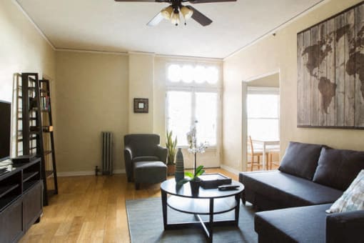 a living room with a couch and a coffee table