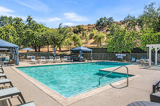 A large outdoor swimming pool surrounded by trees and lounge chairs.