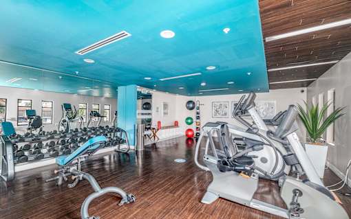 A gym with a blue ceiling and wooden floors.