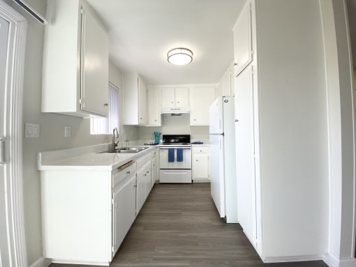 a white kitchen with white cabinets and a wood floor
