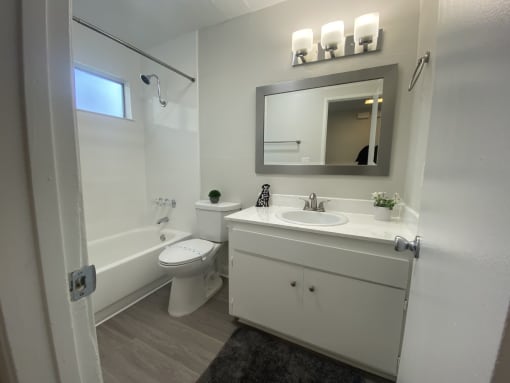 a bathroom with a sink toilet and a mirror