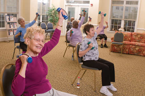 A group of elderly people exercising with dumbbells in a room.