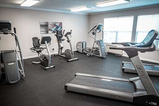 A gym with treadmills, exercise bikes, and other equipment.