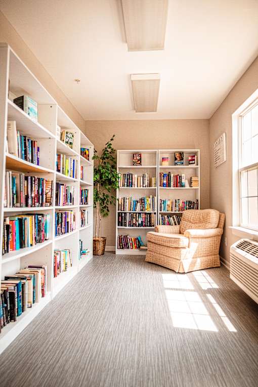 A room with a lot of books on the shelves and a chair in the middle.
