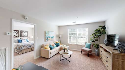 A living room with a couch, a coffee table, and a television.