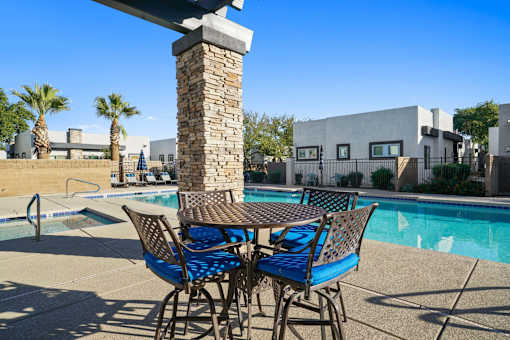 A table with chairs is in the foreground of a pool area.