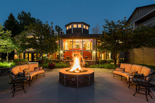 Outdoor fireplace and seating at Bridgwater, Colorado, 80111